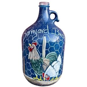Hand Painted Glass Jug Folk Art Barnyard Bucks Rooster Blue 1 Gallon‎